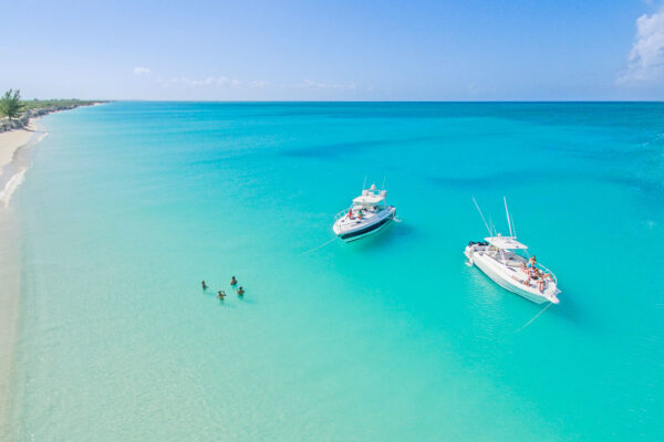Aerial of Serenity and Due West, luxury charters and custom snorkelling, island hopping and beach cruises in Turks and Caicos.